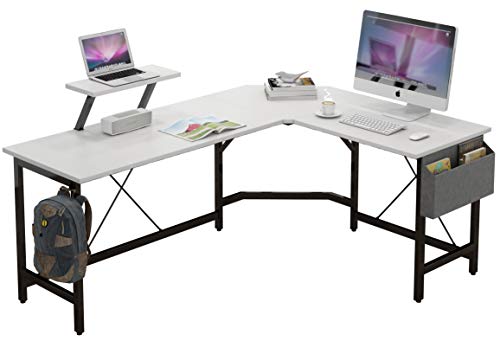CAIYUN L Shaped Corner Desk59 inches Computer Desk with Monitor Stand Home Office Desk with Storage Bag and Iron HookWhite