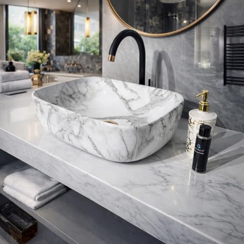Image of Ceramic Tabletop Wash Basin - Glossy Rectangular Countertop Vessel Sink with Marble Finish for Bathroom & Vanity | Compact 18 x 13 x 5 Inch | Elegant Washbasin