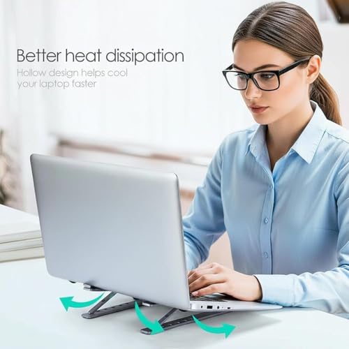 Image of 7 Angles Adjustable Aluminum Ergonomic Foldable Portable Tabletop Laptop Stand Riser Holder Compatible with HP, Dell, MacBook, Lenovo & All Other Notebook Silver