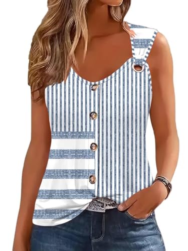 Womens Summer Tops Scoop Neck O Ring Shoulder Tank Tops Casual Sleeveless Button Front T Shirt Blouse