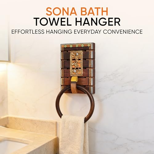 Image of Aakriti Art Creations Dhokra Art Wooden Towel Holder | Handcrafted Bathroom Towel Hanger with Tribal Metal Art | Matte Finish Brown Wall Mounted Towel Ring for Bath & Wash Area