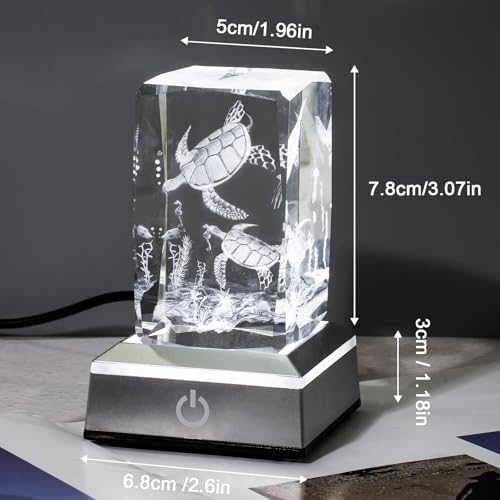 Image of 3D Crystal Night Light with Multicolor LED Base Glass Laser Engraved Sea Turtle Figurines Lamp Gifts for Boys Girls Lovers Birthday Christmas Room Decor
