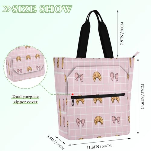 Cute Croissant Book Tote Bag,Large Capacity Handbag with Zipper Perfect for School,Travel,Shopping2