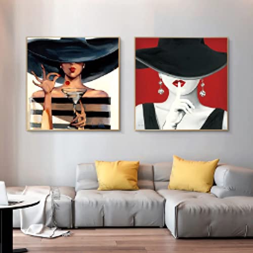 Tableau pop art toile femme chapeau noir lèvre rouge salon 70x70