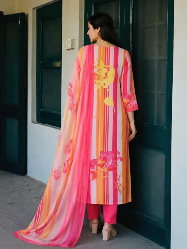 Image of ANNI Designer Cotton Blend Printed Straight Kurta with Pant and Dupatta for Women | Cotton Blend Pink | 3 /4 Sleeve | V-Neck | Ethnic Wear Casual Wear
