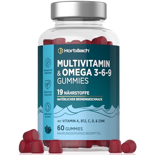 Multivitamin Gummies mit Omega 3 6 9 | 60 Vegane Gummibärchen | 17 Nährstoffe + Omega 3 6 9 | mit Jod Vitamin C A D3 E Biotin Zink & mehr | Horbaach