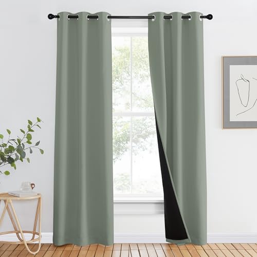 Image of NICETOWN 100% Blackout Window Curtain Panels, Heat and Full Light Blocking Drapes with Black Liner for Nursery, 80 inch Drop Thermal Insulated Draperies (Greyish Green, 2 Pieces, 37 inch Wide Each Panel)