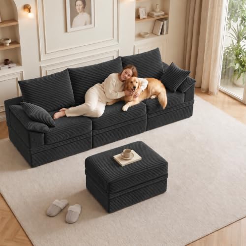 107" Modular Sectional Sofa Boneless Couch with Storage, L-Shape 3 Seat Comfy Modern Cloud Couch Sofa with Ottoman, 27" Deep Seat Corduroy Sofa for Living Room, Tool-Free Assembly - Dark Grey - image 2