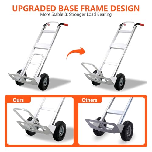 Aluminum Hand Truck 600 LBS Capacity, Handle Heavy Duty Industrial Dolly with 10" Pneumatic Tire and 2 Elastic Cords, Platform Cart for Transport and Moving in Home, Office, Warehouse, Supermarket - Thumbnail 3