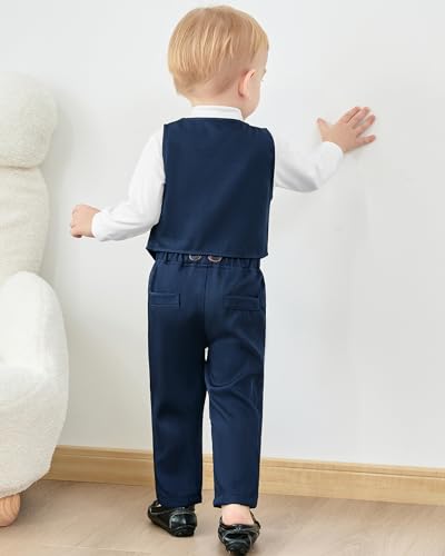 YUEMION Baby Boy Clothes Wedding Outfit Suits, 0-18 Months Infant Boy Gentleman Set, Dress Shirt+Vest+Suspender Pants+Bowtie3