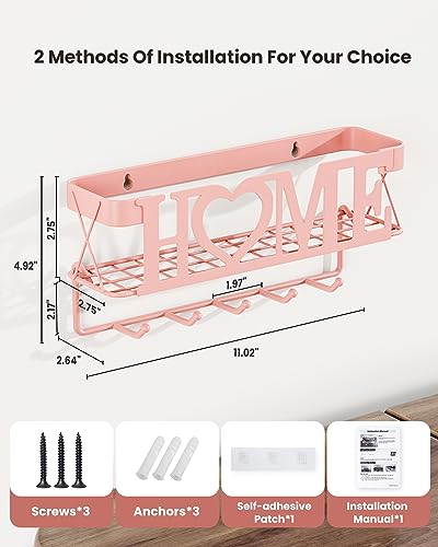 Image of Key Holder for Wall - Adhesive Key Rack with 5 Key Hooks, 11.02 inch Lx2.75 inch Wx4.92 inch H, Key and Mail Organizer Wall Mount, Key Hanger for Wall, Entryway, House, Living Room Decor(Pink)