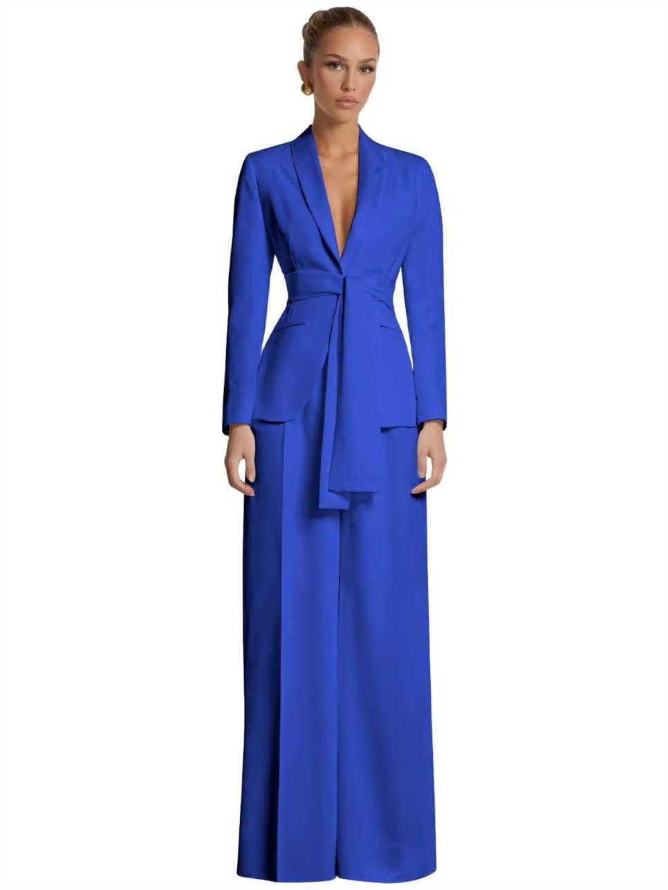 Pant Suits for Women with Belt 2 Pieces Pantsuit Long Sleeve Formal Evening Wedding Guest Outfit with Pockets