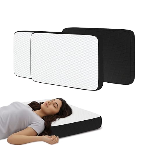 Image of Orthopedic Memory Foam Pillow Set of 2, 50x30x6 cm Shredded Core for Neck Support, White /Black Breathable Fabric, Aligned Spine Bedding for Back and Stomach Sleepers