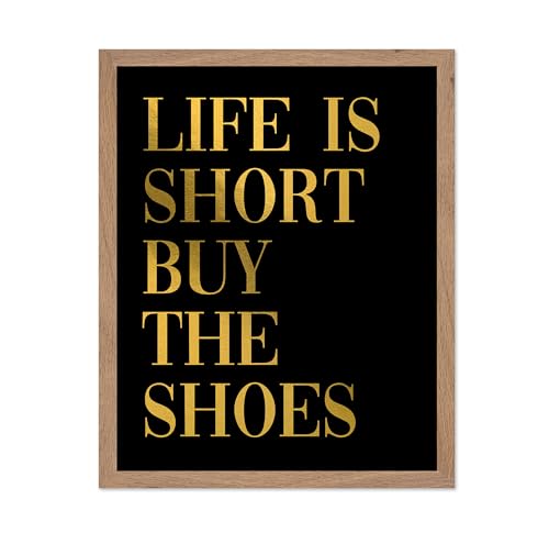 Image of Poster Master Life is Short Buy The Shoes Poster - Fashion Print - Positive Quote Art - Trendy Art - Gift for Women & Fashionista - Funny Wall Decor for Bedroom or Girls Room, 16x20 Beige Framed