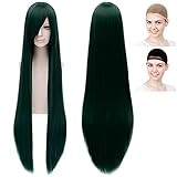 CaseEden コスプレ ウィッグ さらさら ロング 長髪 100cm 耐熱 ダークグリーン 暗い 緑色 ウィッグネット2個セット