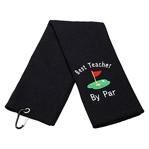 Serviette de golf haut de gamme brodée noire avec attache mousqueton