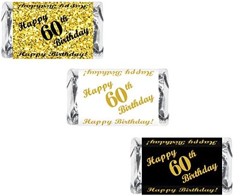 RokAPary 60th Birthday Miniatures Candy Bar Wrapper, (Set of 60) Mini Candy Bar Stickers; 3 Designs: 24 Gold, 24 Black, 12 White, Candy Not Included. Made in USA