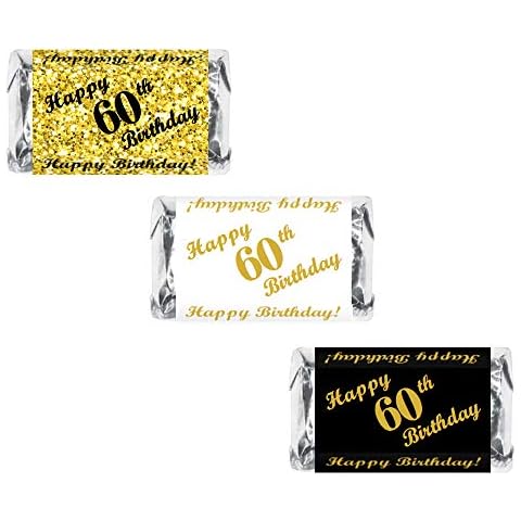 RokAPary 60th Birthday Miniatures Candy Bar Wrapper, (Set of 60) Mini Candy Bar Stickers; 3 Designs: 24 Gold, 24 Black, 12 White, Candy Not Included. Made in USA Cover