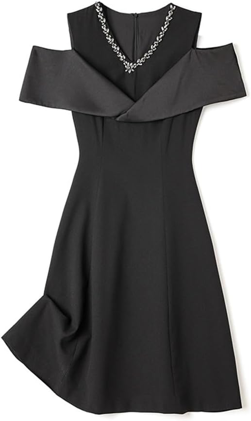 JSEIAJB Heavy Industry V-Neckline with Diamond Embellishment Off The Shoulder Waistband Slimming Dress for Women(M)
