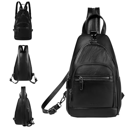 RAVUO Sling Bag for Women, Faux Leather Convertible Backpack Purse Ladies Anti Theft Cross Body Bag with Multi Pockets for Travel Cycling Hiking Shopping,Black
