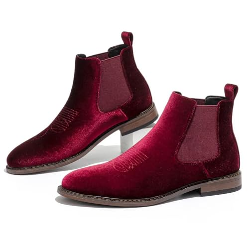 POTENCE STAR Men’s Velvet Chelsea Boots Burgundy Dress Boots for Men Slip On Formal Ankle Boots Stylish Party Fashion Shoes for Casual and Events