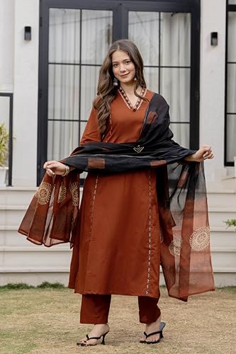 Image of MEERA FAB Women Floral Printed Pure Cotton Straight V-Neck Kurta with Palazzos & Dupatta