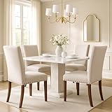 Set of 4 Beige Upholstered Dining Chairs – Farmhouse Kitchen Chairs with High Back, Solid Rubberwood Legs, Padded Foam Seat & Bronze Nailhead Trim, Comfortable Dining Room Chairs for Home, Living Room