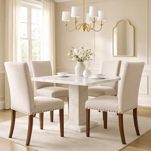 Set of 4 Beige Upholstered Dining Chairs – Farmhouse Kitchen