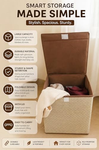 Image of QUAIL Non Woven Foldable Jute Printed 75 Liter Laundry Basket with Lid - Durable & Collapsible Storage Bag for Clothes, Toys & Washing Items (Brown Golden, Set of 1)