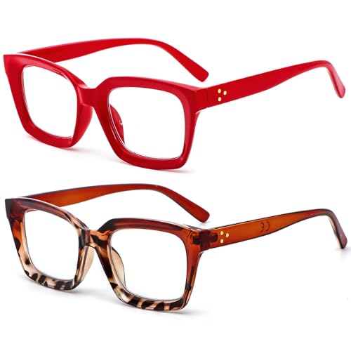 Image of REAVEE 2 Pack Oversized Reading Glasses for Women Men Blue Light Blocking, Ladies Stylish Retro Square Large Computer Readers (Red /Brown Leopard 0.0x)