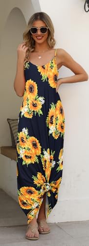 Image of Supnier Women's Summer Maxi Dress Casual V-Neck Sleeveless Bohemian Spaghetti Strap Floral Long Maxi Dress with Pockets