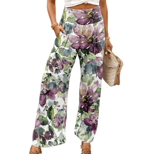 Akivide Women's Elastic High Waist Wide Leg Lounge Pants Cotton Linen Flroal Print Casual Loose Palazzo Trousers with Pocket