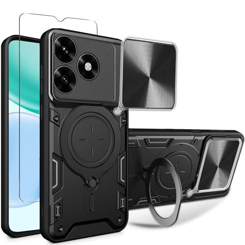 WRTBS Phone Case for Honor X5C Plus / X5C Case with Glass Screen Protector, Built Slide Camera Protection Cover,Military Heavy Duty Full Body Protective Phone Case - Black