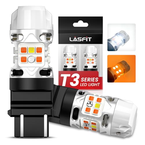 Image of LASFIT 3157 Switchback LED Bulb, T3 3057 4157 Front Turn Signal Bulb, 3457 Built-in Resistor Anti Hyper Flash, Super Bright Amber for Turn Signal Blinker,White for DRL, Only for Standard Socket, 2Pcs