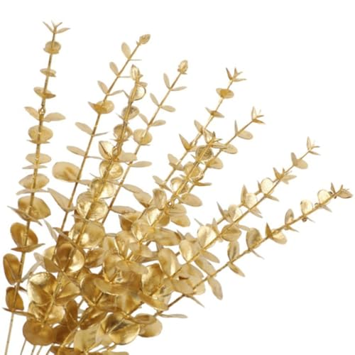 TOP-Pindu Artificial Eucalyptus Leaves, Eucalyptus Stem Plastic Artificial Plants 24 Bunches (Gold)