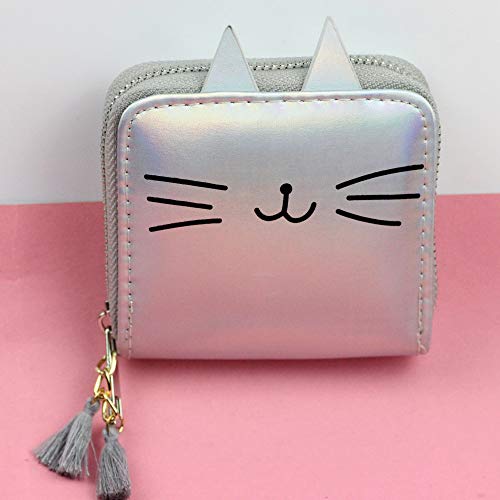 timlee Cute Girls Kitty Short Wallets Silver Cat Wallets With Tassels For Women Girls Christmas Gift(Silver Cat)2