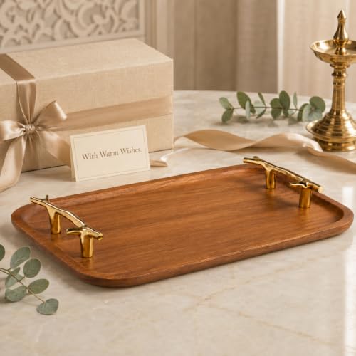 Image of CentraLit Decorative Acacia Wooden Tray for Serving - Dining Table Accessories & Kitchen Organizer Serving Trays - Luxury Wooden Tray| Gold Handles for Home Decoration (Twig Handles)