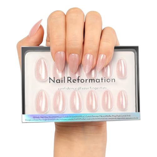 Nail Reformation Press On Nails Soft Pink Short Almond Fake Nails with Velvet Cat Eye in Glossy Finish Salon Quality Reusable Stick On Nails in 16 Sizes - 32 Nail Kit with Glue Gifts for Women