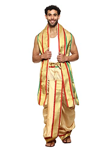 Image of Rameshwaram Fabrics Readymade Dhoti for Men, Velcro Style Stitched Mens Silk Dhoti Pant with Stole Set