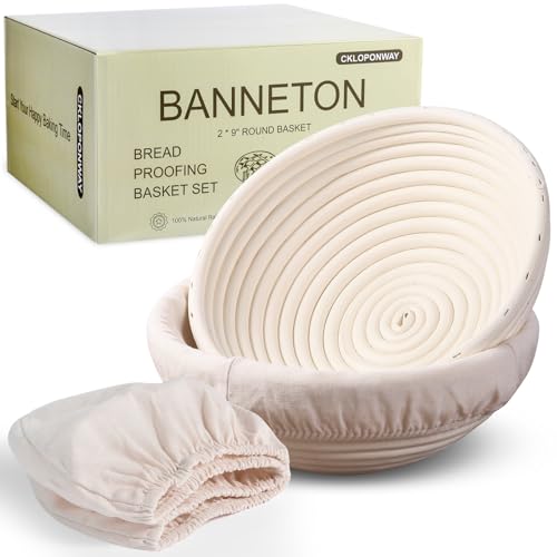 CKLOPONWAY Round Banneton Bread Proofing Basket Set of 2, 9 Inch Round Bread Dough Rising Rattan Baskets with Linen Liners for Home Sourdough Bread Bakers
