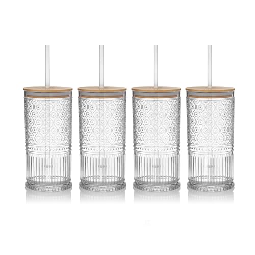 Godinger Drinking Glasses with Lids and Straws, Acrylic Tumbler Cups with Lids Drinking Set, Tall Plastic Cups with Straws, Vintage Decor - 19oz, Set of 4