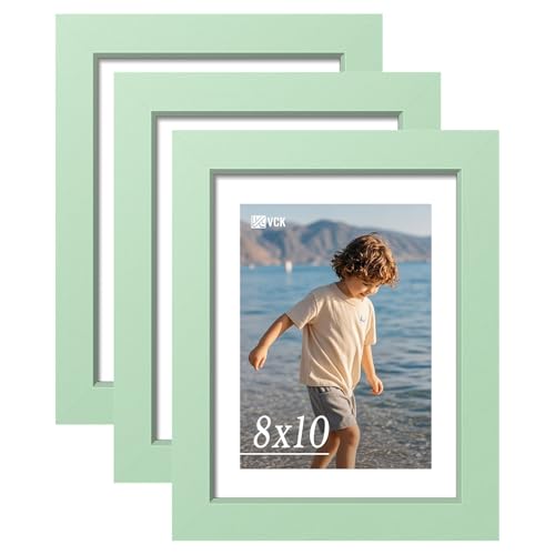 Image of VCK 8x10 Picture Frame Set of 3 - Green, Wide Border Solid Wood Frame, Display Pictures in Horizontal and Vertical, for Home, Office, Gallery, Woodgrain Series, Wall Hanging