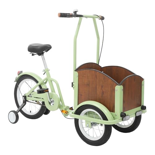 Triciclo infantil plegable de 12 pulgadas, rueda delantera de 16 pulgadas, rueda trasera, 3 ruedas, hasta 80 kg, ruedas para niños con ruedas estabilizadoras (verde y marrón)