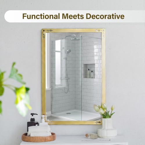 Image of Gold Floral Wall Mirror - 20 x 30 Inch Elegant Vintage Decorative Mirror for Bathroom Vanity Entryway Living Room
