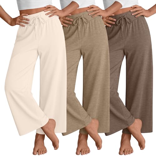 LessonZoo 3 Pack Girls Pants Causal Wide Leg Yoga Trousers Kids Elastic Waist Lightweight Sweatpants Summer Joggers 5-14 Y(Dark Coffee Dark Khaki Cream 5-6 Years)