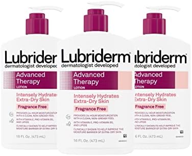 Lubriderm Advanced Therapy Fragrance-Free Moisturizing Lotion with Vitamins E and Pro-Vitamin B5, Intense Hydration for Extra Dry Skin, Non-Greasy Formula, Pack of Three, 3 x 16 fl. oz