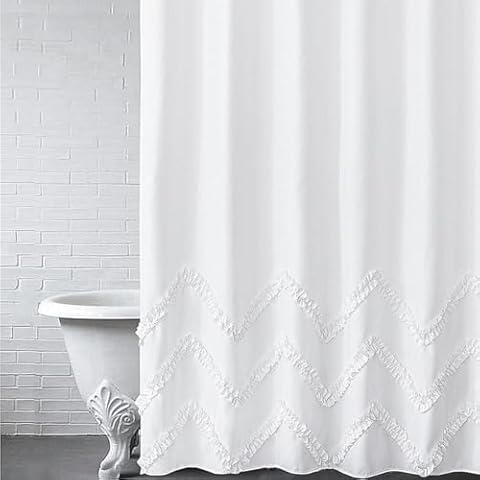 Felisa White Shower Curtain with Zig-zag Stripes of Ruffled Trim,Farmhouse Chic Fabric Shower Curtain for Bathroom,Machine Washable,72"x72" Cover