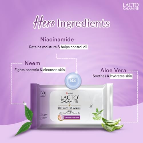 Image of Lacto Calamine Oil Control Face Wipes 30N each- Pack of 9 | Makeup Remover Wipes | Wet Tissue for Face With Neem, Aloe Vera & Niacinamide | Wet Wipes for Women & Men | Pararben & Alcohol Free