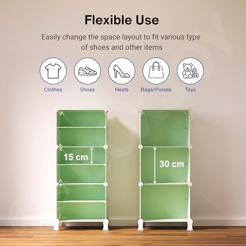 Image of BOXJOY 6 Shelf Shoe Rack with 3 Doors, Magnets, 5 Hook Steel Holder & Wooden Hammer for Home Storage PP Plastic Organizer with Metal Door Frame to Cover Chappal Slipper Sandals Shoes Box Stand (Green)