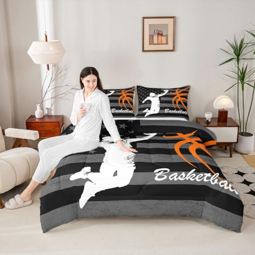 Image of Feelyou Basketball Player Comforter Set Full Size American Flag Bedding Set for Kids Boys Girls Gaming Sports Duvet Quilt Bedroom Decor Microfiber 3 Pcs with 2 Pillow Cases
